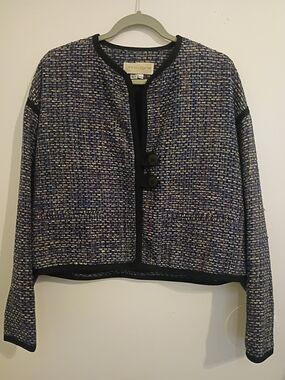 VTG Freddy Women's Blue and Black Tweed Cropped Jacket 100% Silk Sz LP